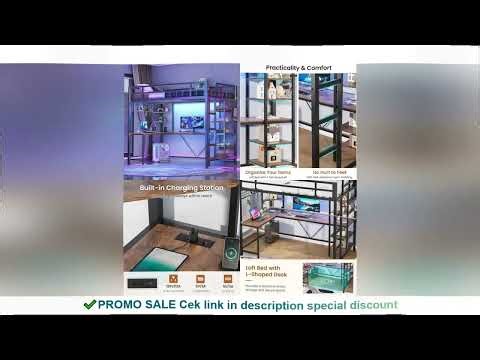 Twin Loft Bed with L Shaped Desk & 6 Storage Shelves, Loft Bed Twin Size with Charging Station, LED