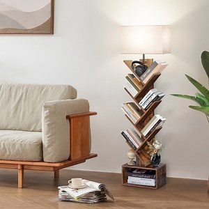 OUTONLIFE Floor Lamp with Shelf,Tree Bookcasewith Light, 7-Tier Floor Standing Bookcase for Living Room Bedroom, Office, Brown