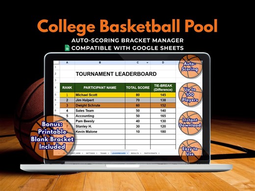 College Basketball Tournament Bracket 2026, Google Sheets Pool Manager, Auto Scoring Office Game, Party Tracker, 100 Players, Printable PDF - Etsy Finland
