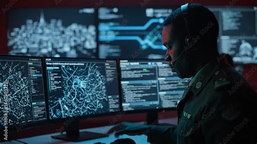 Military Personnel Monitoring Data in a Control Room - A focused African American military officer monitors multiple computer screens displaying complex data and maps in a high-tech control room