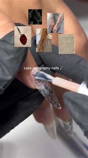 Xam | Boston Nail Artist on Instagram: "Worked in layers to create calligraphy text, mapping out the letters and then going in to add thin, overlapping lines. The star of the show is VEXTURA paint gels from @functionofvex . The thickness is needed to create cleaner lines, as normal gel polish would be too runny. Also using their 12mm liner brush! @functionofvex code DIMSUM10"