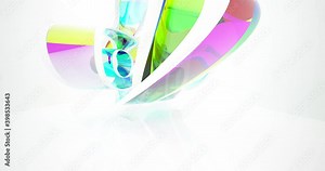 Abstract architectural background. Flying on a white minimalistic interior. Futuristic modern space. Stained glass sculpture. Array of fragments. Bright lighting. 3D animation and rendering.