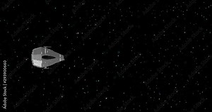8 bit spaceship in cosmos 3d animation. Flying vehicle in outer space on starry background side view. Space exploration aircraft video. Shuttle in universe footage. Sci fi video game simulation