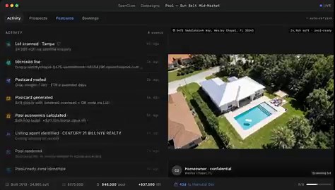 Este bot convierte imágenes de satélite en contratos de 50.000$.Detecta casas de 500k a 1,2M$ sin piscina, analiza la orientación solar y el tamaño del jardín, saca los datos del propietario de registros públicos, renderiza una piscina de lujo en su patio real, calcula el coste de construcción y la revalorización de la vivienda, genera un vídeo cinematográfico y manda una postal personalizada con QR code directo al buzón. Con retargeting encima.De la foto de satélite al contrato firmado. Sin un 