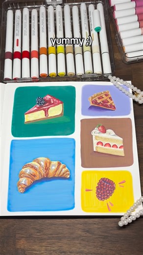 Creating the Chaos | Drawing a bakery spread of croissants, cake and pie using acrylic markers! . . . #acrylicmarker #drawing #foodart #artprocess #coloring... | Instagram