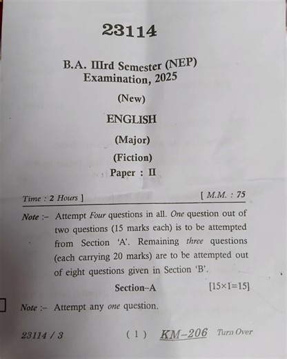 B.A. 3rd semester (NEP) Examination 2025 (New)English fiction paper 2 (major )