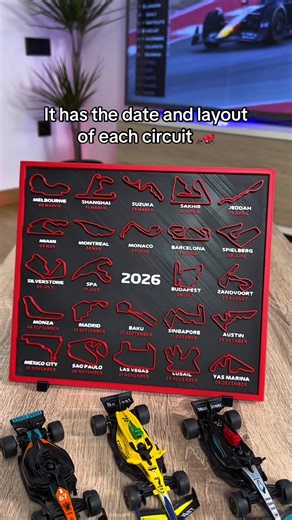Check out this stunning 3D Formula 1 calendar for the 2026 season! It features the race track layout, the dates, and the names of all the circuits. Perfect for any F1 fan looking to add a unique piece to their collection. Get yours now and keep track of the entire season in style! 🏁🏎️ #f1 #formula1 #f1frame #f12026 #calendar2026f1
