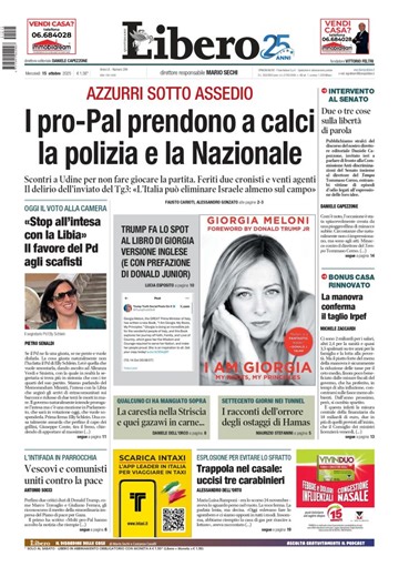 "LIBERO" * 15/10/2025 - «PRIMA PAGINA GIORNALE (SCARICA GRATIS PDF) / EDICOLA OGGI / RASSEGNA STAMPA / TITOLI QUOTIDIANO» - Agenzia giornalistica Opinione. Notizie da Italia - Mondo / Trentino Alto Adige