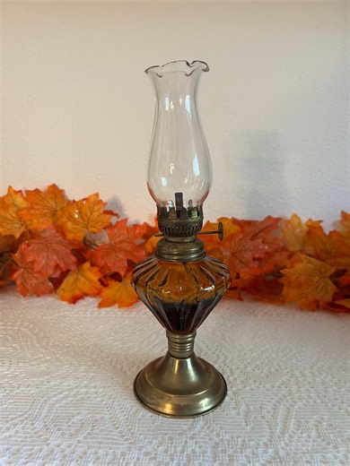Oil Lamp With Gold Metal and Amber Glass. - Etsy