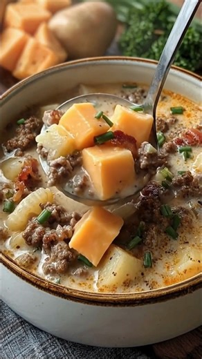 Cheeseburger Soup *There’s something wonderfully reassuring about a warm bowl of soup simmering on the stove, especially when it brings back the familiar flavors of a classic cheeseburger. This creamy, hearty soup feels like comfort food from years gone by — simple, filling, and perfect for slowing down and enjoying supper at home.* What You'll Need 1 pound ground beef 3 cups beef broth 3 cups peeled and diced potatoes 1 cup chopped carrots 1 cup chopped celery 1/2 cup diced onion 4 tablespoons
