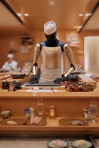 Tesla Optimus over here rolling perfect sushi like it's nothing. The competition? Robot waiters dancing and breaking dishes until security drags it off stage.One cooks, one dances.