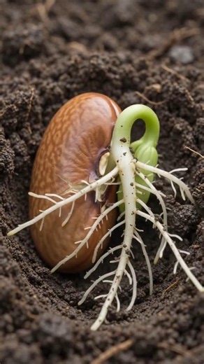 Starting with a macro shot of a brown seed in soil, roots and a green sprout emerge. #shorts #plants