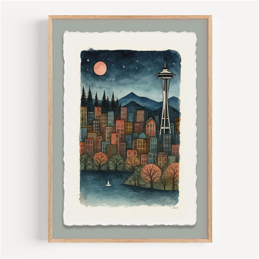 Seattle Skyline Watercolor Art Print: Framed Space Needle Night Scene - Etsy