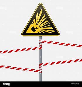 Caution - danger Warning sign safety. Explosive substances. yellow triangle with a black image. The sign on the pole and protecting ribbons. Vector Im Stock Vector Image & Art - Alamy