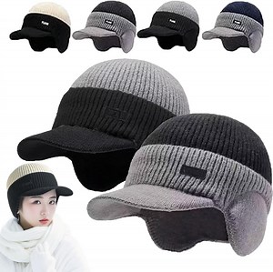 Windproof Thermal Cap with Visor, Winter Knitted Earflap Hat with Brim and Ear Flaps, Fleece Lined Thermal Beanie for Unisex Cold Protection Outdoor Activities.
