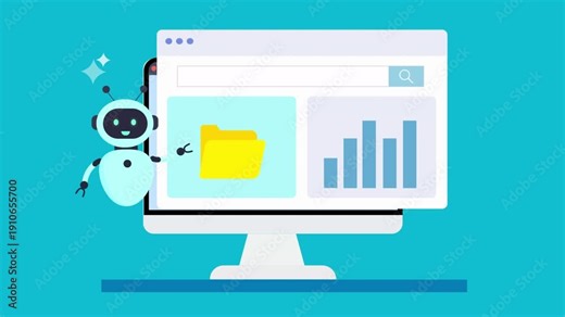 Desktop monitor displaying file management dashboard with AI assistant robot, folder panel, and analytics chart, representing intelligent storage organization and automation workflow.