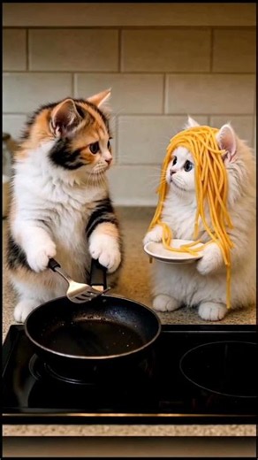 Two Cute Cats Trying to Cook Spaghetti 😂 | Funny Cat Cooking Short #cat #foodmaking #funny