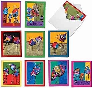 The Best Card Company - 10 Assorted Blank All Occasions Notecards Bulk Box Set 4 x 5.12 Inch with Envelopes (10 Designs, 1 Each) - Bohemian Birds M3319