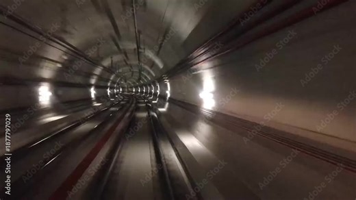 A first-person perspective (POV) shot moving through a modern underground railway model tunnel. The scene features glowing tunnel lights, high-speed motion blur, and industrial architecture