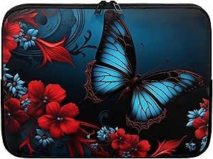 Blue Butterfly Red Plumeria Computer Bag with Zipper Lap Top Case Notebook Cover for Laptops Tablets Notebook