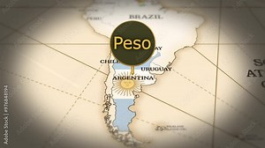 Argentine peso currency sign showing on world map with 3D rendering