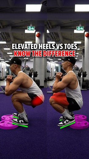 Andrew Kwong on Instagram: "✅ Squat: Elevated Heels vs Toes (KNOW THE DIFFERENCE!) The goblet/barbell squat targets your quads, hamstrings, and glutes. If you elevate your toes using a weight plate, you’ll shift more emphasis to your glutes as it forces a forward lean and engages your hips more. However, if you elevate your heels instead, the focus shifts to your quads while reducing glute and hamstring activation. Size & Shred Training program 👉🏻 deltabolic.com (Link in bio) #go