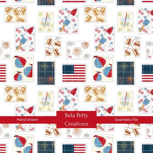 Postage Stamp 4th of July Seamless Pattern Hand Drawn Instant Download Digital Paper Sublimation Fabric Surface Design - Etsy