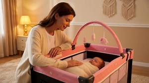 BABY JOY 3 in 1 Pink Pack and Play, Travel Baby Crib Bassinet Bed with Bassinet for Girl, Changing Table w/Safety Belt, Toy Bar, Lockable Wheels, Portable Baby Playard from Newborn to Toddler
