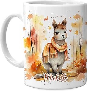 Hyturtle Personalized Fall Llama Coffee Mug - Birthday Gifts For Llama Lovers - Fall Autumn Decor Gifts For Farmhouse Thanksgiving - Custom Name 11oz White Ceramic Coffee Tea Mug