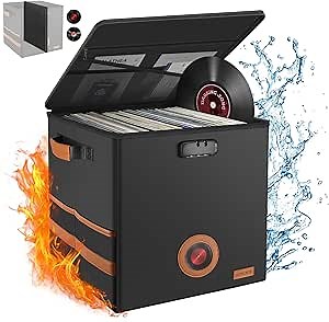 Vintage Vinyl Record Storage Box with Lock, Fireproof＆Water Resistant LP Record Storage Crate Holds 100+ Records, Collapsible＆Stackable Album Collection Display DIY Box, 7/10/12 Inch Vinyl Record Case