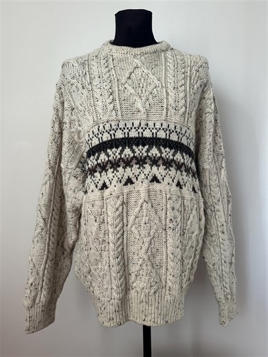 Vintage 90s Aran Crafts 100% Irish Wool Fisherman Sweater Chunky Knit Men's Pullover Cream and Brown Fleck Knitted Arran Jumper Plus Size - Etsy