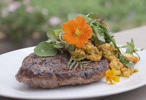 Grilled Lamb or Goat Leg Steak, Marinated Chickpeas, Watercress