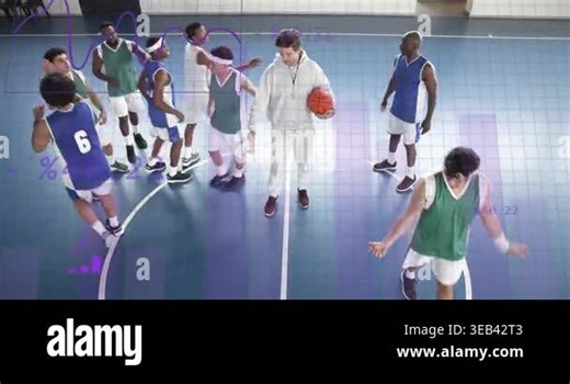 Coach signaling, tossing ball at midcourt, purple sports analytics showing charts starting play. Basketball, gymnasium, court, overhead, tip, coordination, strategy Stock Video Footage - Alamy