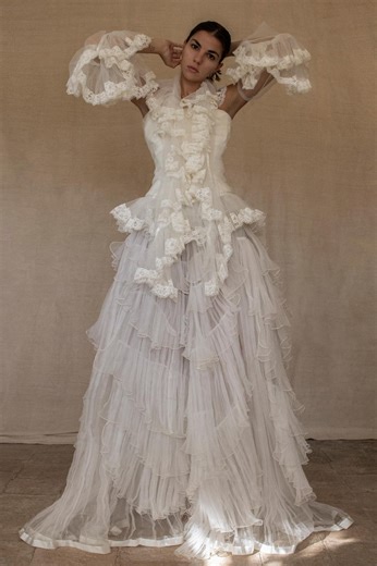 317 - A Romantic Bride Vintage Two-piece Wedding Dress, Skirt and Bodice, Puff Sleeves and Lapel/organza Wedding Dress, Embroidery, Ruffles - Etsy