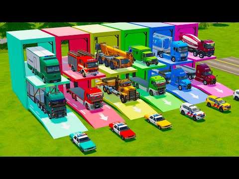 TRANSPORTING RESCUE VEHICLES, POLICE CARS, FIRE ENGINE, MIXER TRUCK TO GARAGE - FS22