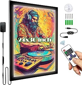 LED Movie Poster Frame 24"x36" with Remote and Manual Control, Adjustable Brightness, Magnetic Backlit Display for Movie Posters, Horizontal/Vertical Backlit Picture Frame, Black