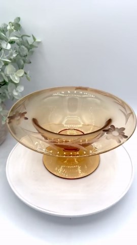 Vintage Honey Amber Engraved Depression Glass Pedestal Bowl