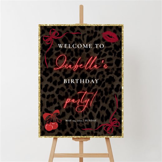 Cheetah Birthday Welcome Sign: Editable Leopard Print, Cherry Design (digital) - Etsy