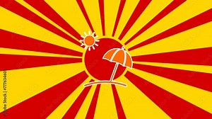 Beach symbol on the background of animation from moving rays of the sun. Large orange symbol increases slightly. Seamless looped 4k animation on yellow background