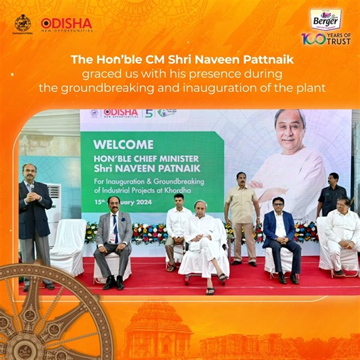 Berger Paints India is proud to announce setting up its largest integrated paint manufacturing plant at Kalibeti Industrial Park, Odisha! With a proposed investment of ₹1,460 crore, this state-of-the-art unit is set to create over 1500 direct and indirect job opportunities. We were honoured to welcome Hon'ble CM Shri Naveen Pattnaik for the groundbreaking ceremony, marking the dawn of a new era in paint manufacturing in Odisha. Join us as we are set to unveil the future of integrated paint manuf