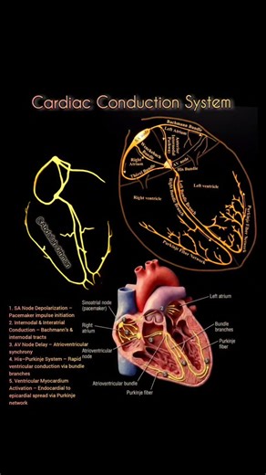 Abdallah Othman on Instagram: "🫀⚡ The Cardiac Conduction System: Electrical Sequence: 1. SA Node Fires – Pacemaker depolarization initiates the impulse. ⚡ 2. Atrial Activation – Spread via internodal tracts & Bachmann’s bundle. ↷ 3. AV Node Delay – Critical pause for ventricular filling. ⏸️ 4. Rapid Ventricular Conduction – Through the Bundle of His and bundle branches. ⚡ 5. Ventricular Depolarization – Purkinje fibers ensure synchronized contraction. 🫀 ✨ A system defined by intrinsic automati