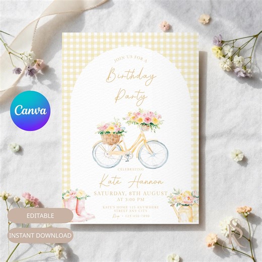 Vintage Bicycle Floral Birthday Invitation, Garden Picnic Party, Little Girl (canva Download) - Etsy