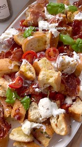 PANZANELLA SALAD 🍅 with crispy prosciutto and burrata. Using @bakersdelight Sea Salt Turkish Rolls! Recipe below: Serves 4 Ingredients: - 2 x Bakers Delight Sea Salt Turkish Rolls - 1 large punnet cherry tomatoes (approx 400g) - 1 tbsp salt - 1 lemon - 8 slices of prosciutto (finely sliced) - 1/2 shallot (finely chopped) - 2 tbsp chives (finely chopped) - 1 tbsp dried oregano - 1/4 cup red wine vinegar - 1 tbsp honey - 1/4 cup olive oil - Basil leaves - Burrata - Black pepper Method: 1. Chop th