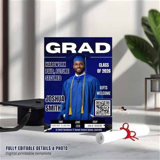 Blue Graduation Announcement Invitation, Boy Senior Grad Party Invite With Photo, Male College Graduate With QR Code Magazine Cover Template - Etsy Australia
