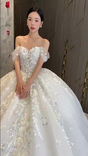 Off Shoulder Watercolor 3D Floral Ball Gown Wedding Dress | Full Handcraft Process