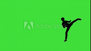 An animated silhouette of a character performing rapid machine gun kicks in martial arts style, with a green screen background. The scene captures fast, powerful strikes, ideal for action sequences an