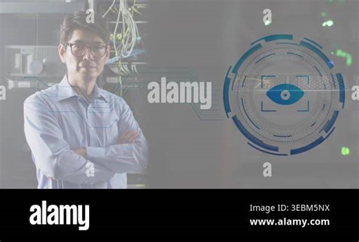 Animation retina round scanner against asian male engineer smiling at computer server room. Cyber security and business data storage technology concept Stock Video Footage - Alamy