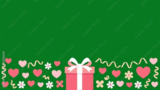 Gift box, hearts, and flowers decorative border on green screen for valentine's day greetings and promotions
