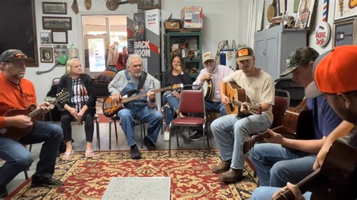 A swift moving “Salt Creek” featuring Parker, Nathan and Avery lead guitars with Avery switching to banjo mid stream! 1st timer, John Cornett on mandolin with the group. | The Drexel Barber Shop
