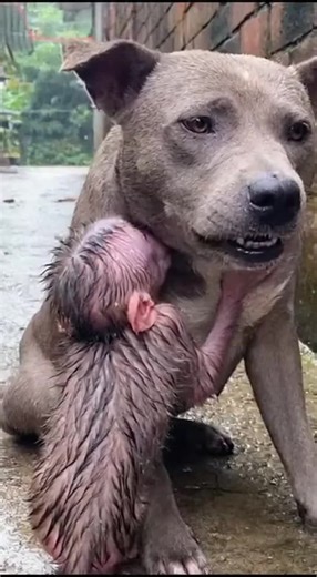 Baby monkey hugging dog